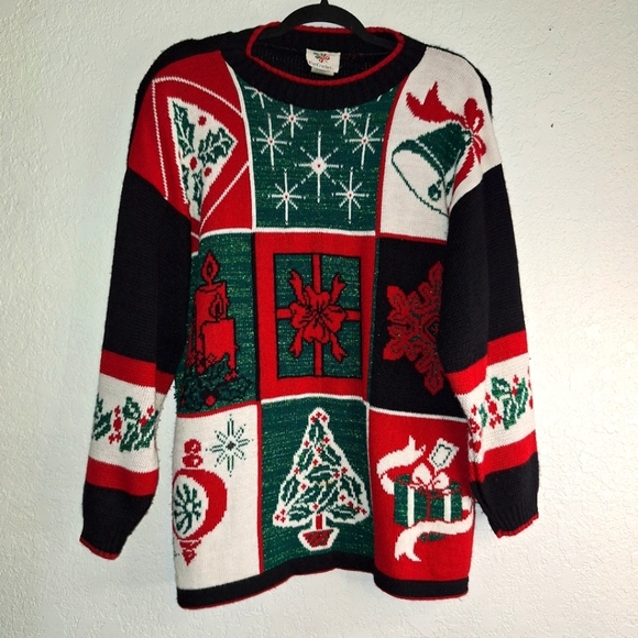 Vtg Nutcracker Ugly Christmas Sweater Tree Presents Snowflake Bell Sz L *Stain - Picture 1 of 10